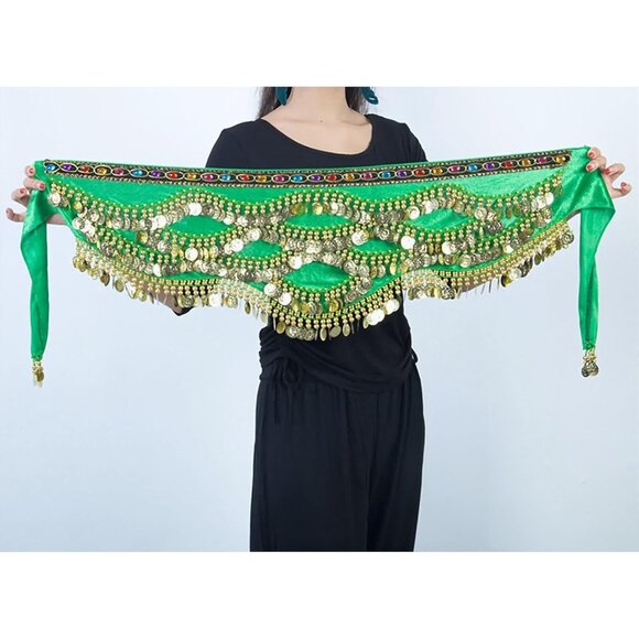Women's Triangular Belly Dance Hip Scarf Wrap Green Gold Skirts with Gold Coins - Picture 5 of 5